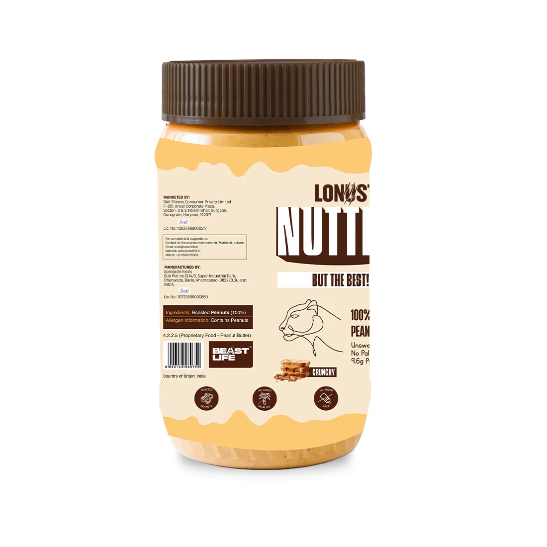 Lonust Natural Peanut Butter Crunchy (100% Peanuts, No Palm oil) | 800gm