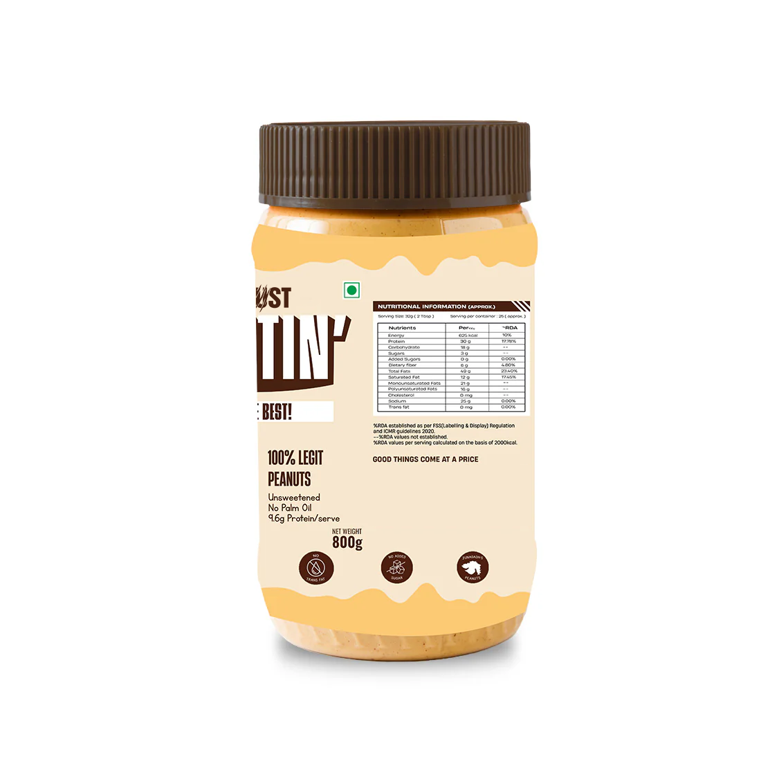 Lonust Natural Peanut Butter Crunchy (100% Peanuts, No Palm oil) | 800gm