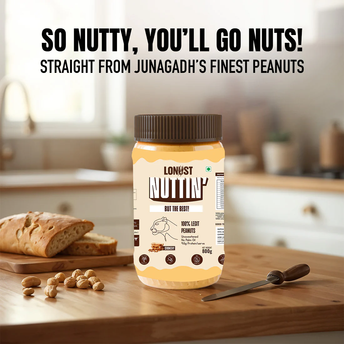 Lonust Natural Peanut Butter Crunchy (100% Peanuts, No Palm oil) | 800gm