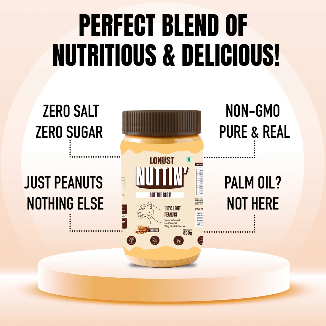 Lonust Natural Peanut Butter Crunchy (100% Peanuts, No Palm oil) | 800gm
