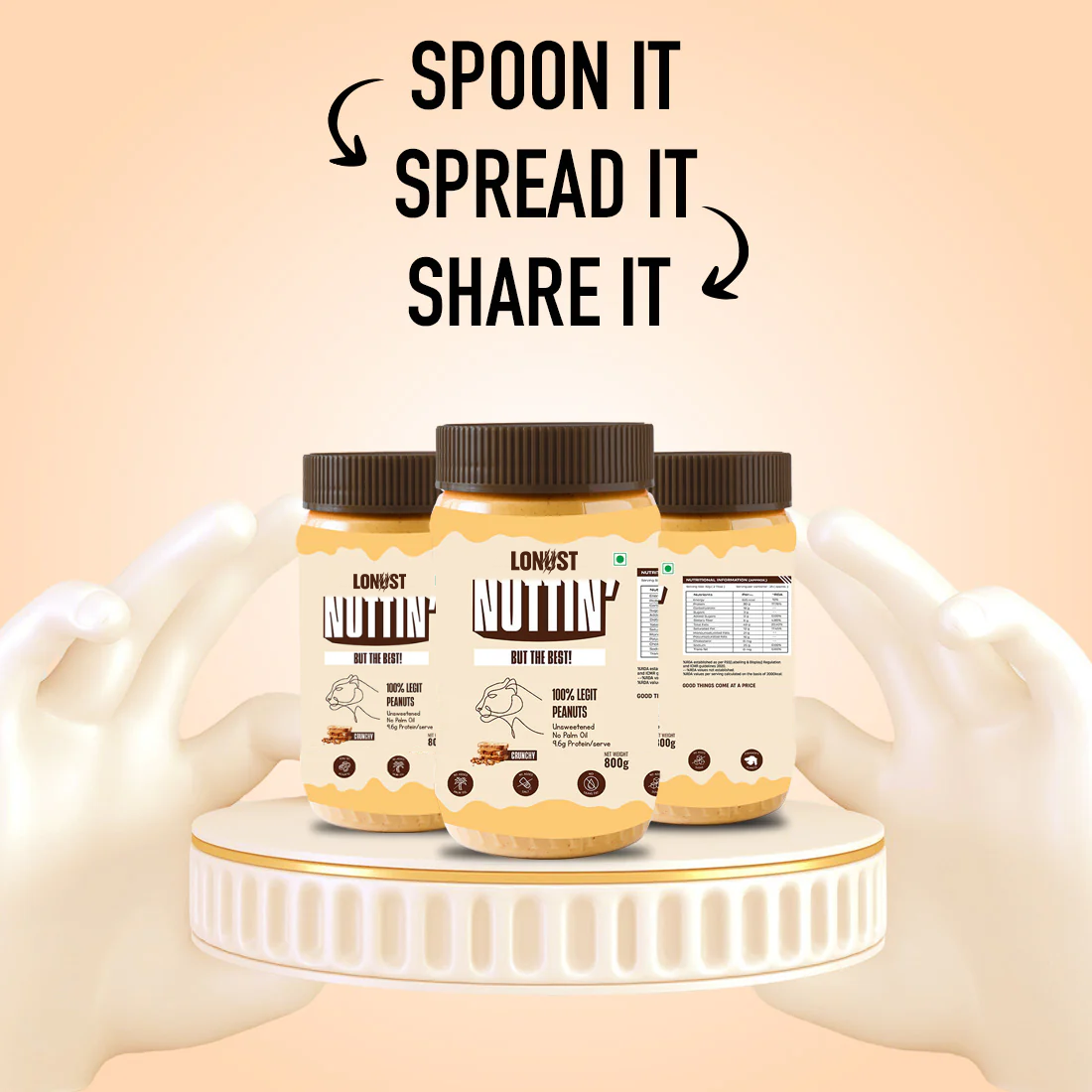 Lonust Natural Peanut Butter Crunchy (100% Peanuts, No Palm oil) | 800gm