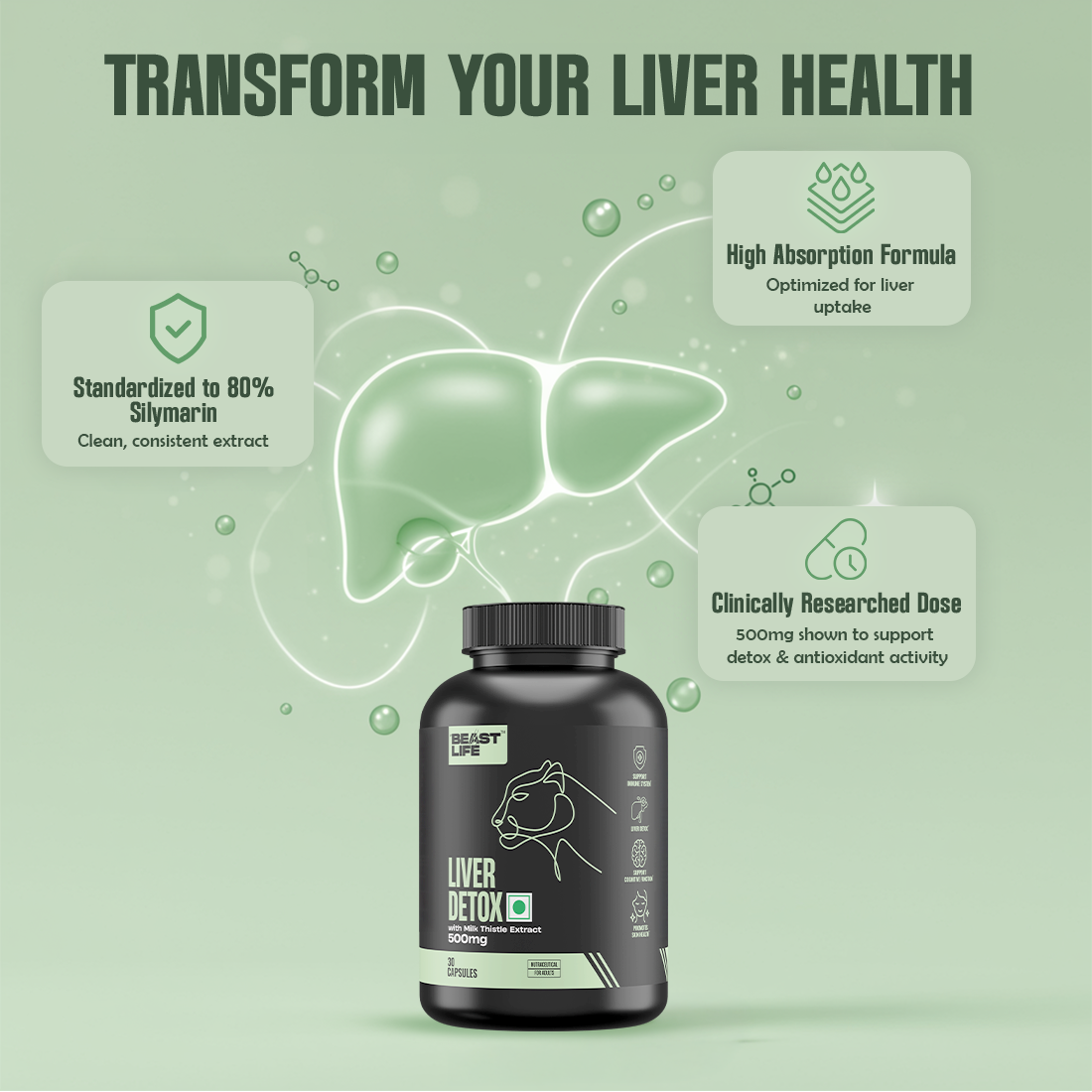 Lonust Liver Detox Supplement with Milk Thistle Extract 500mg | Added Multivitamins & Amino Acid with Natural Detoxification Formula | Liver Support Supplement (30 Veg Tablets)